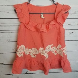 Anthropologie Coral Ruffle Lace-Trim Sleeveless Top